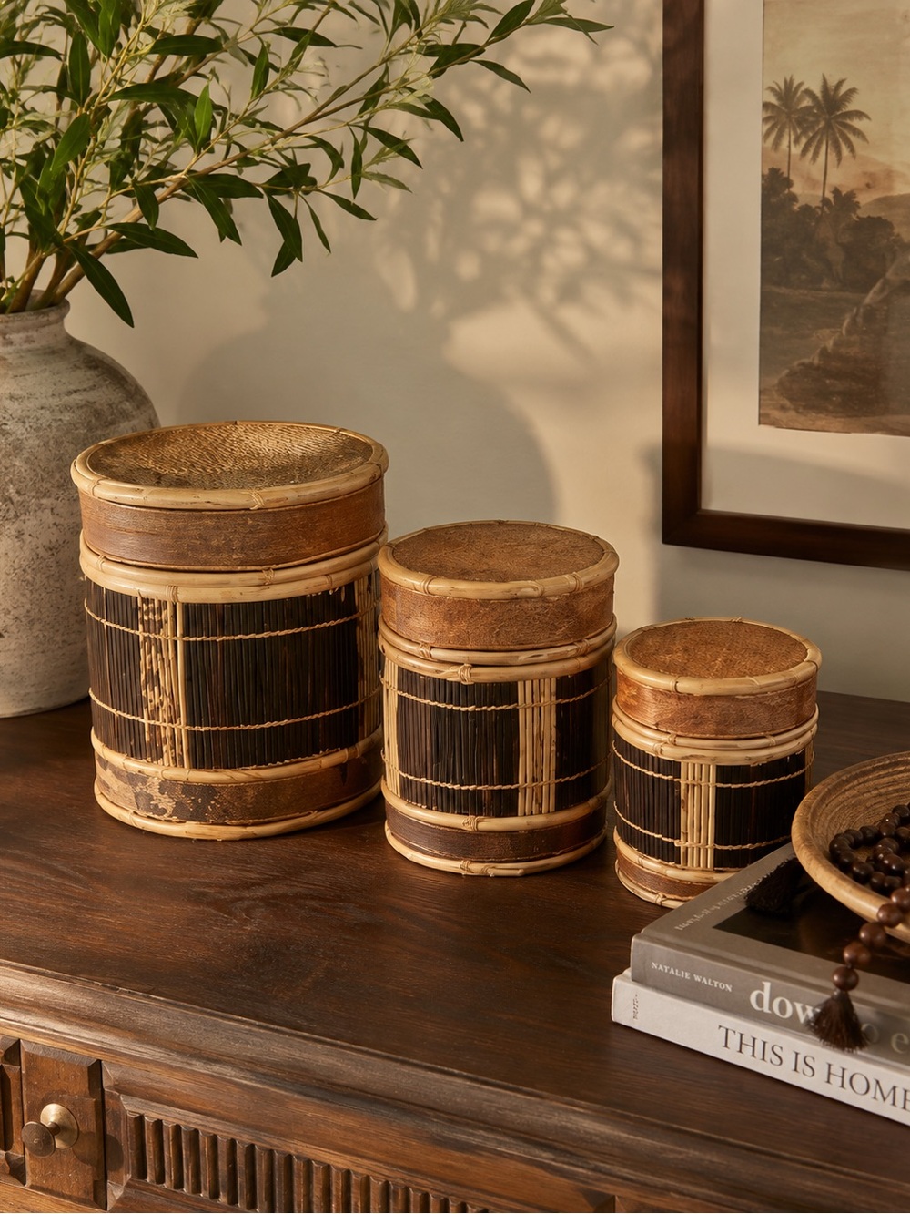 Handcrafted Indonesian Brown Bamboo Storage Canister Set of 3 Bark Box